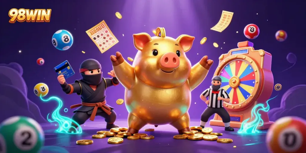 Engage in thrilling moments at 98WIN with colorful lottery elements and animated characters.