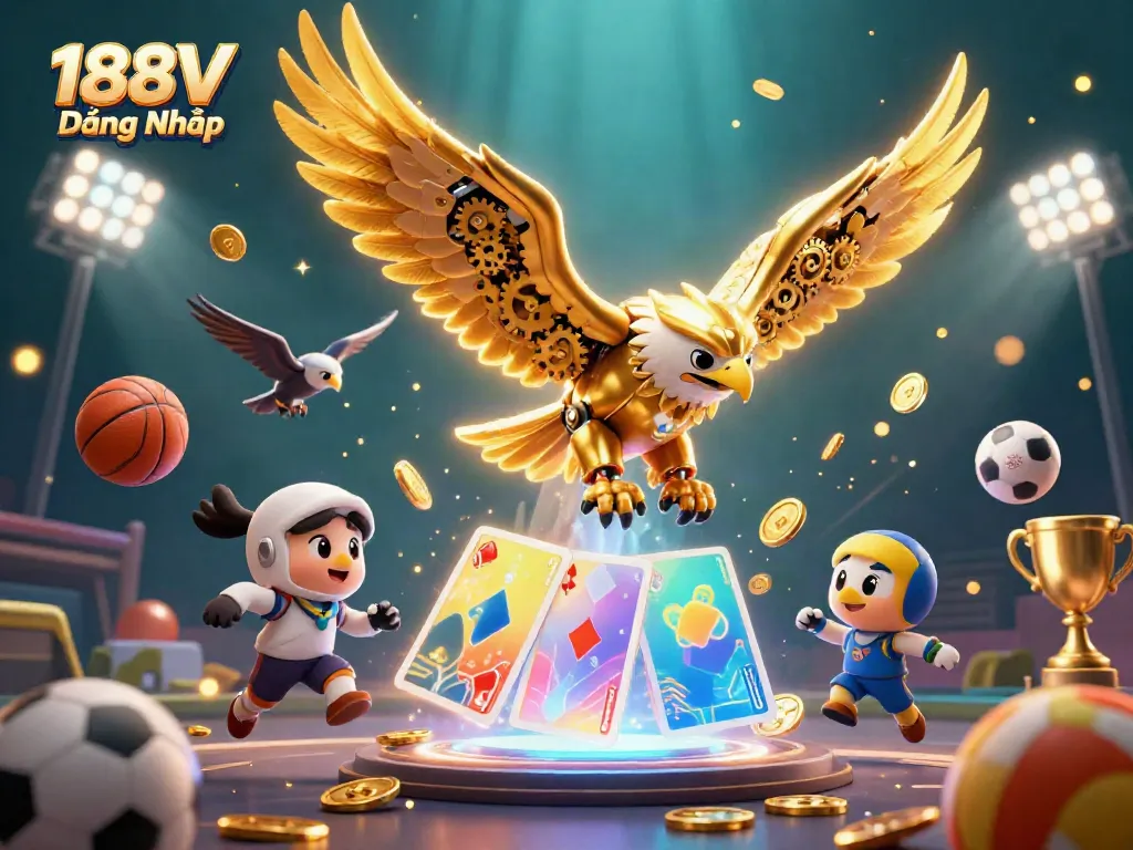 Engage with thrilling moments in 188V Đăng Nhập as a golden eagle dives among holographic cards and dynamic sports elements.