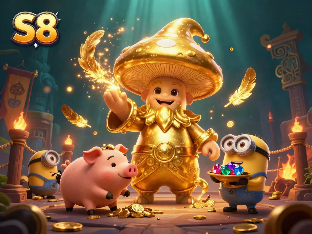 Experience thrilling gameplay with S8 and a magical wizard in a vibrant casino scene.
