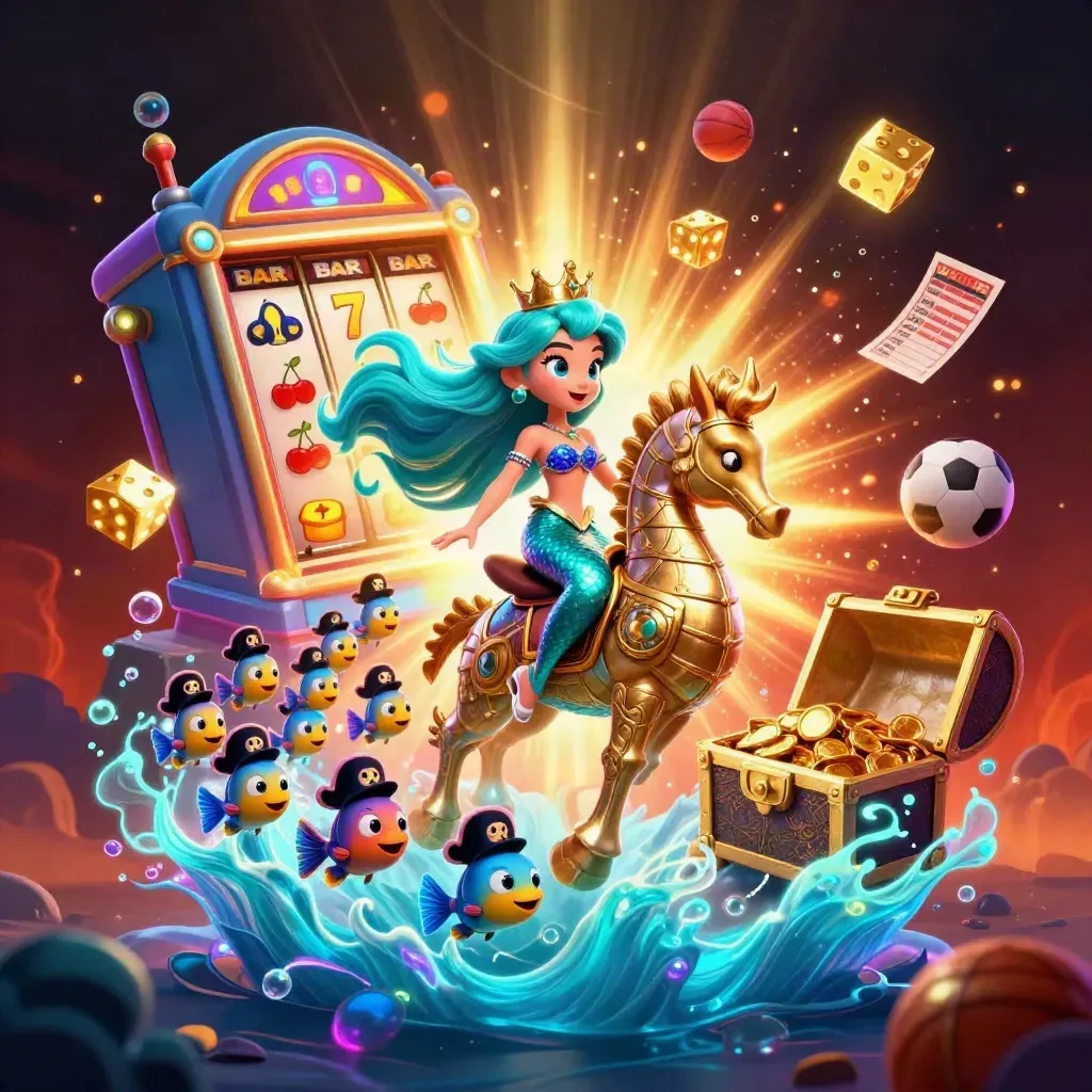 Mermaid princess on a golden seahorse amid slot bursts, treasure, and neon esports props.