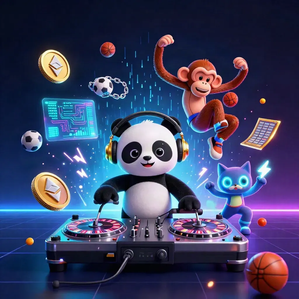 DJ panda, monkey, and rave kitten in a neon esports casino fantasy with coins, charts, and lightning.