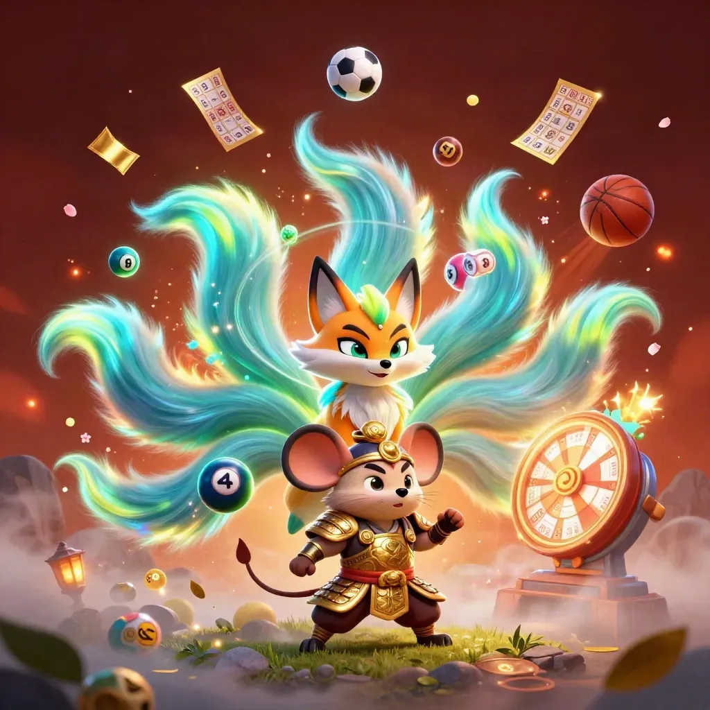 Neon fox spirit and armored mouse amid casino symbols, flying balls, petals and glowing mist.