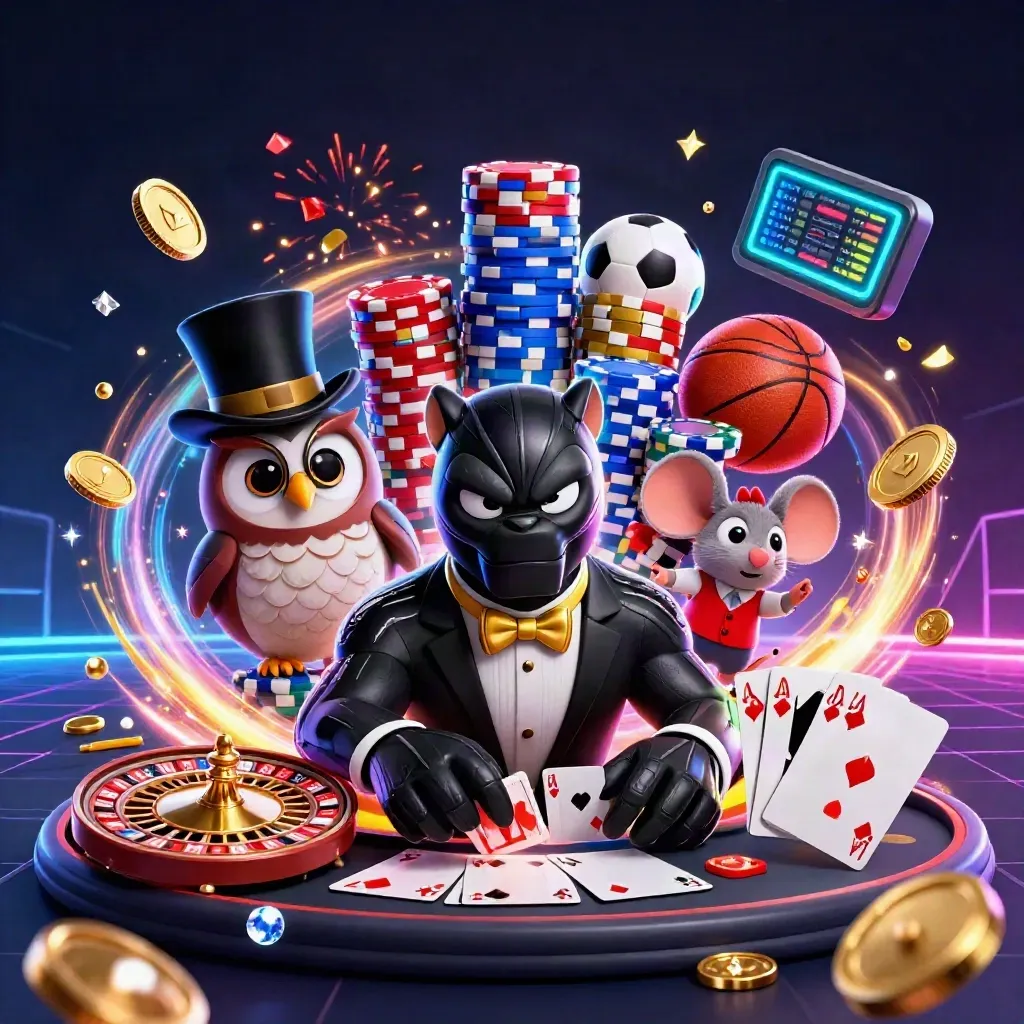 Panther, owl, and mouse amid flying chips, cards, coins, and neon casino effects.