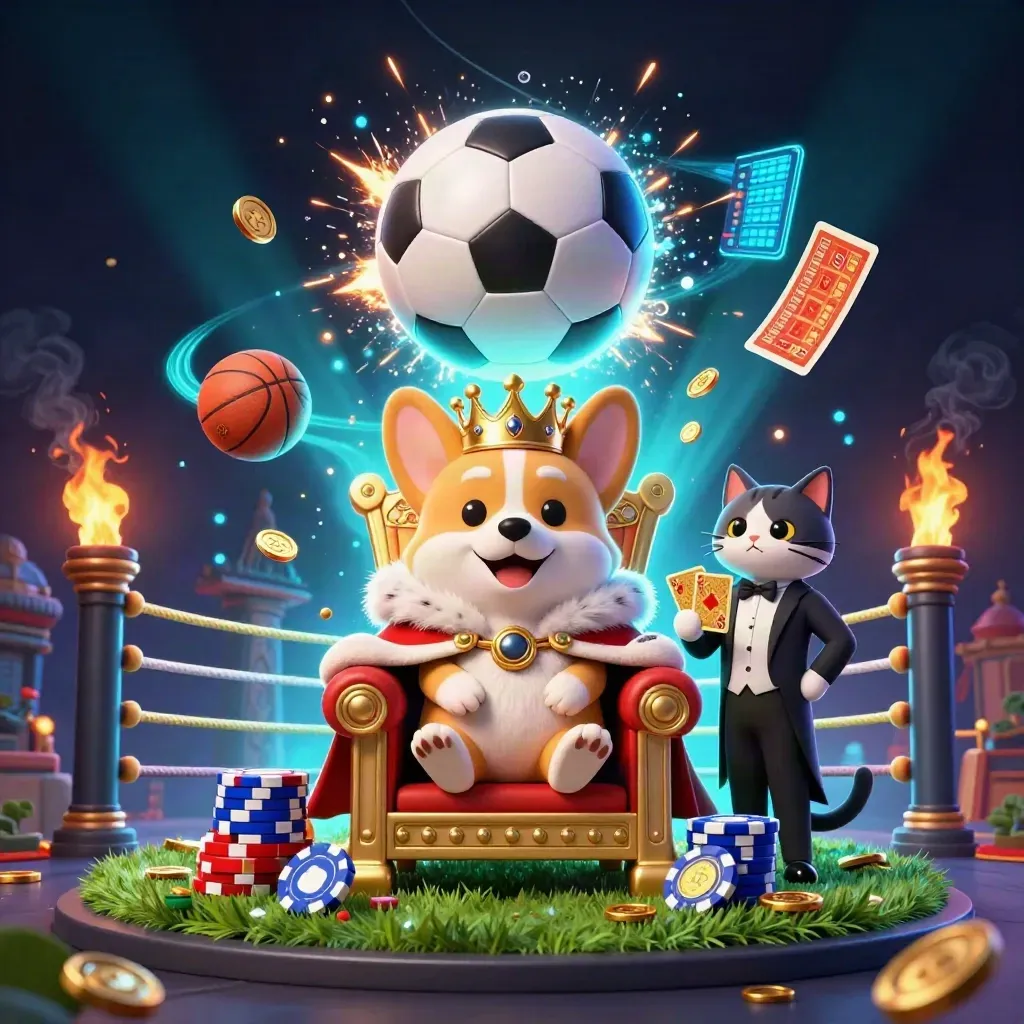 Royal corgi and cat butler amid casino-sport chaos, with soccer ball, chips, and neon lights