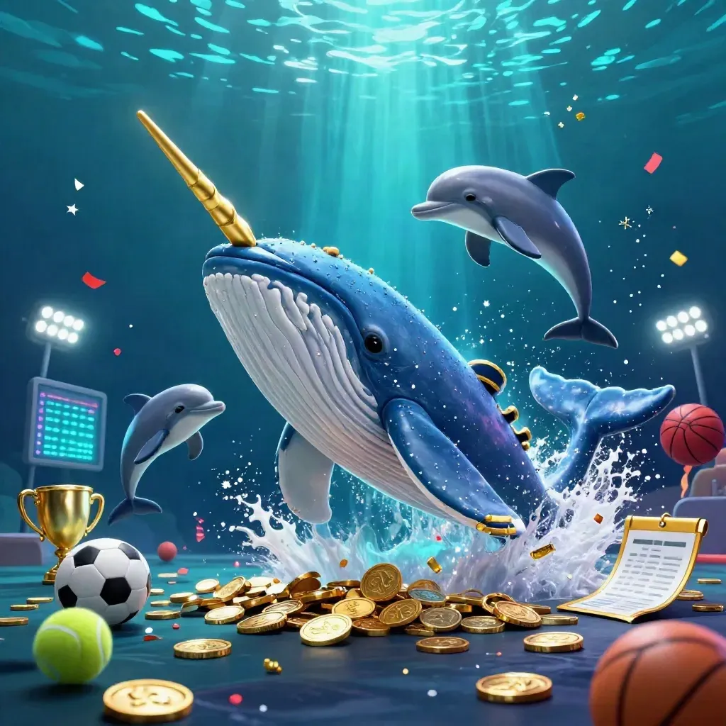 Whale, narwhal, and dolphins burst through coins under cyan stadium lights.