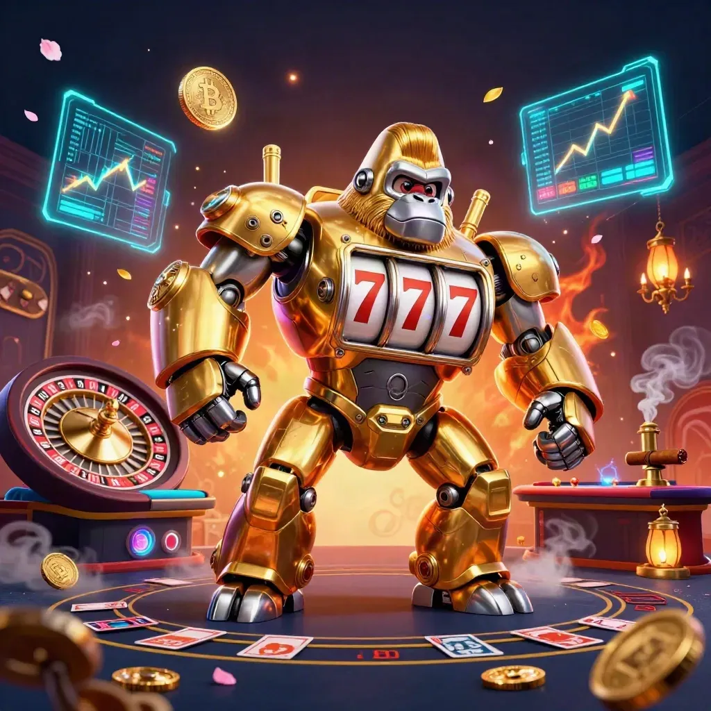 Golden gorilla mech and monkey pilot amid crypto casino effects in a luxe neon room.