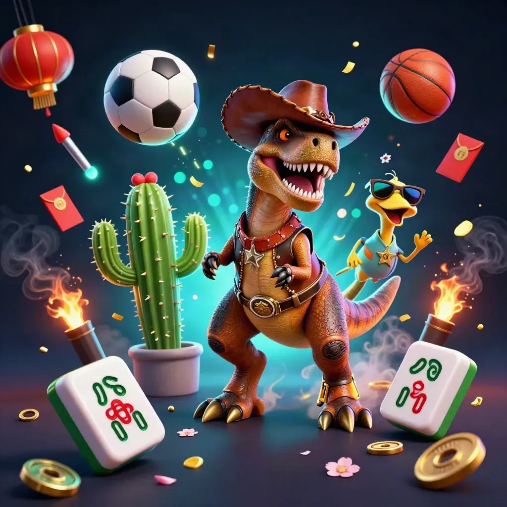 Cowboy T-Rex trio blasts through casino sports chaos with balls, coins, lanterns and cyan glow.