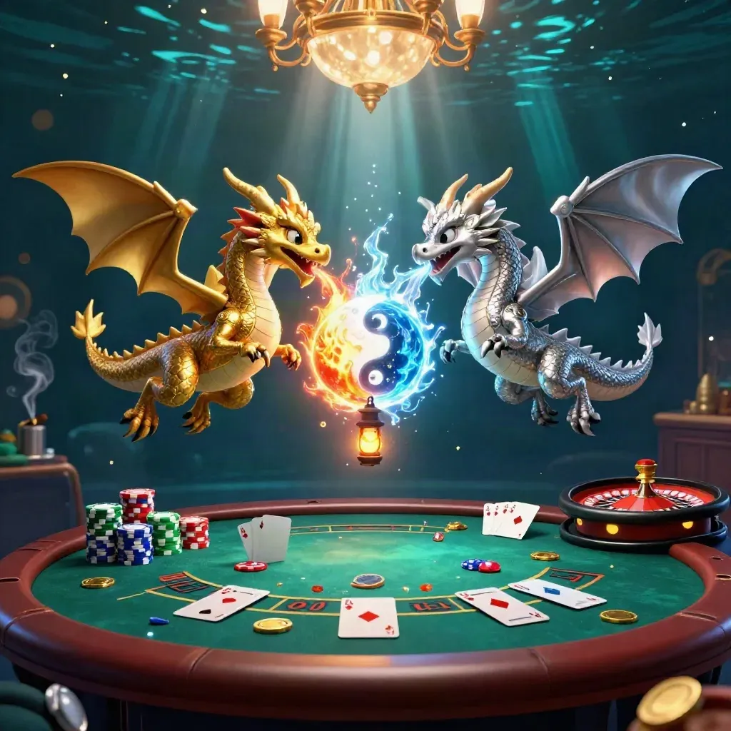 Twin gold and silver dragons coil over a luxe casino table in a smoky navy-lit room.