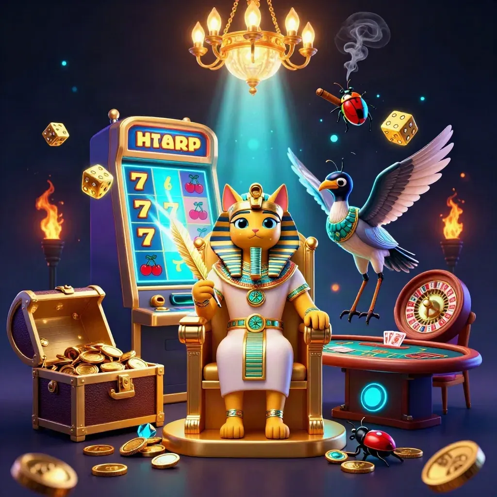 Pharaoh cat, ibis scribe, and gem-wing scarabs amid slot, dice, treasure, and neon casino lights.