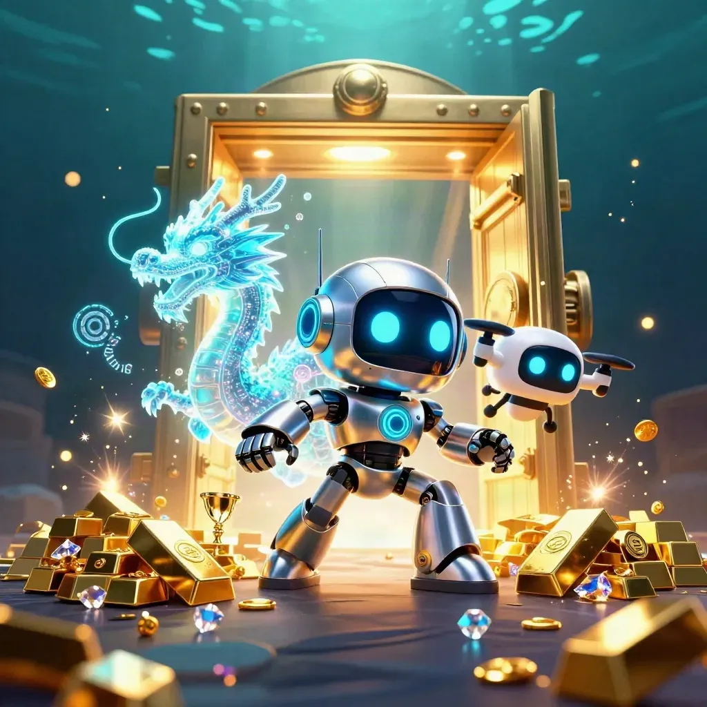 Chrome cyberpunk robot, holographic dragon, and coin drone burst from a gold vault underwater.