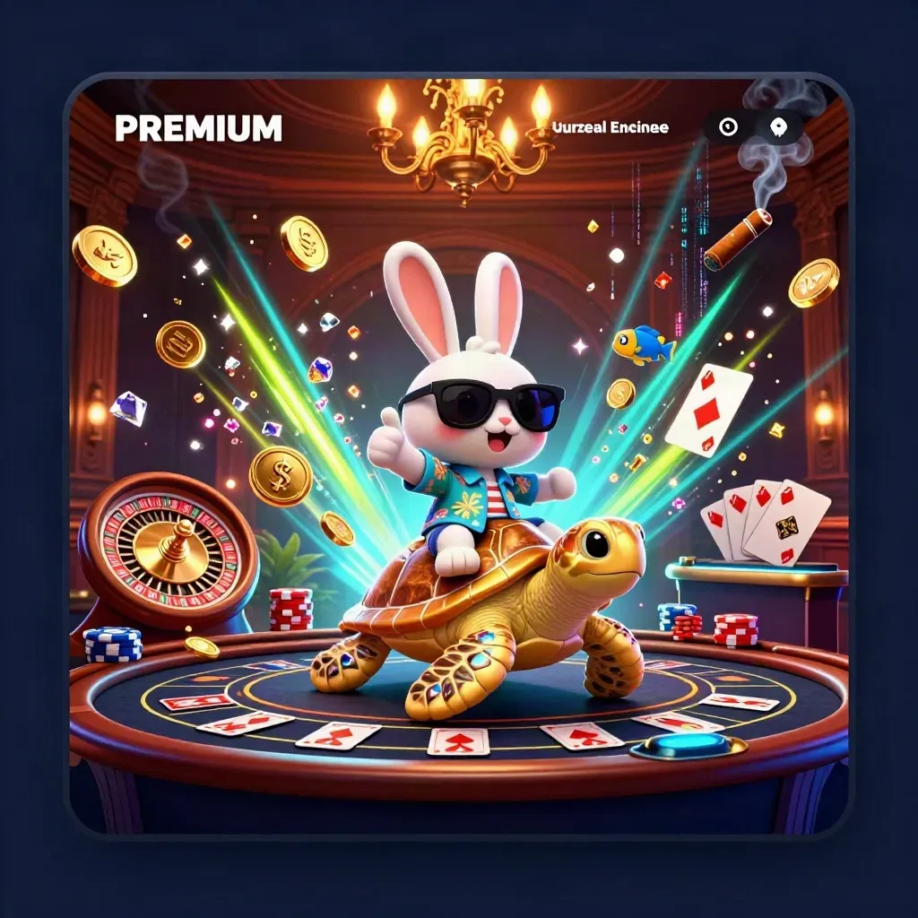 Lucky rabbit on a golden sea turtle amid coins, gems, cards, chips, and neon casino energy
