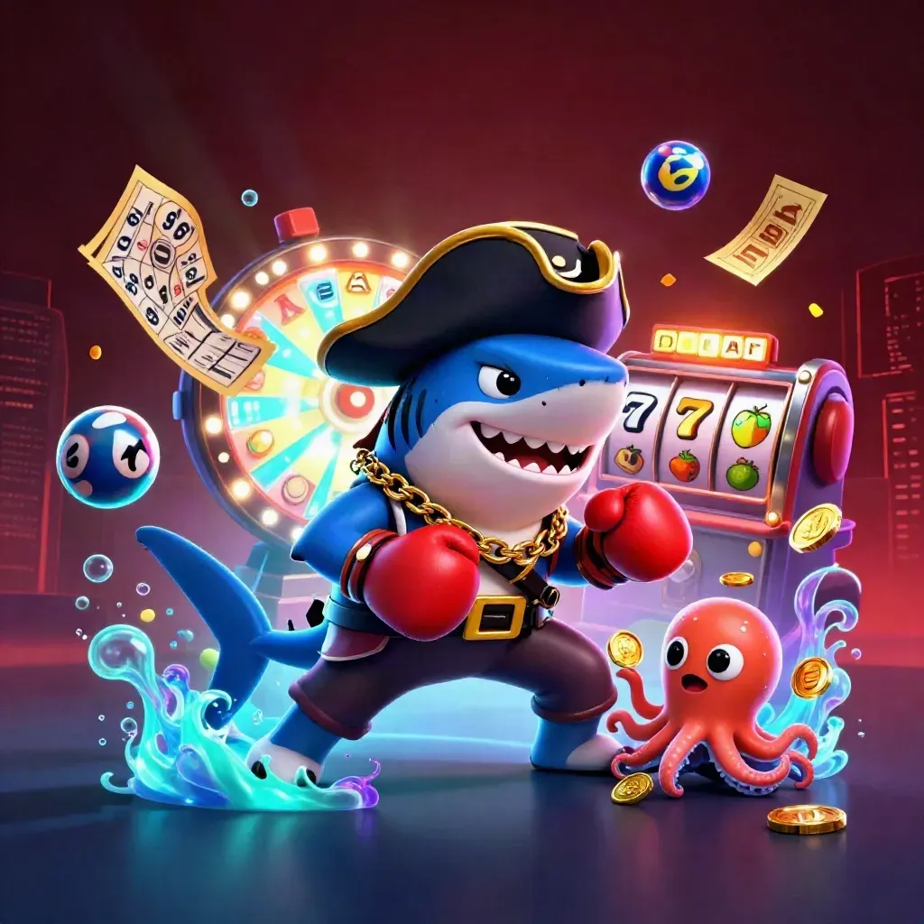 Pirate shark, boxing pufferfish and juggling octopus amid neon casino bursts and sea glow.