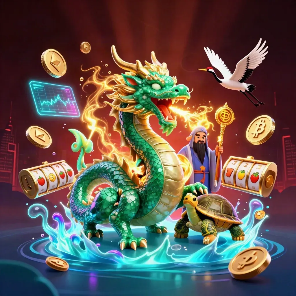 Emerald dragon, turtle sage, and ribbon cranes amid neon coins, lightning, and casino loot.