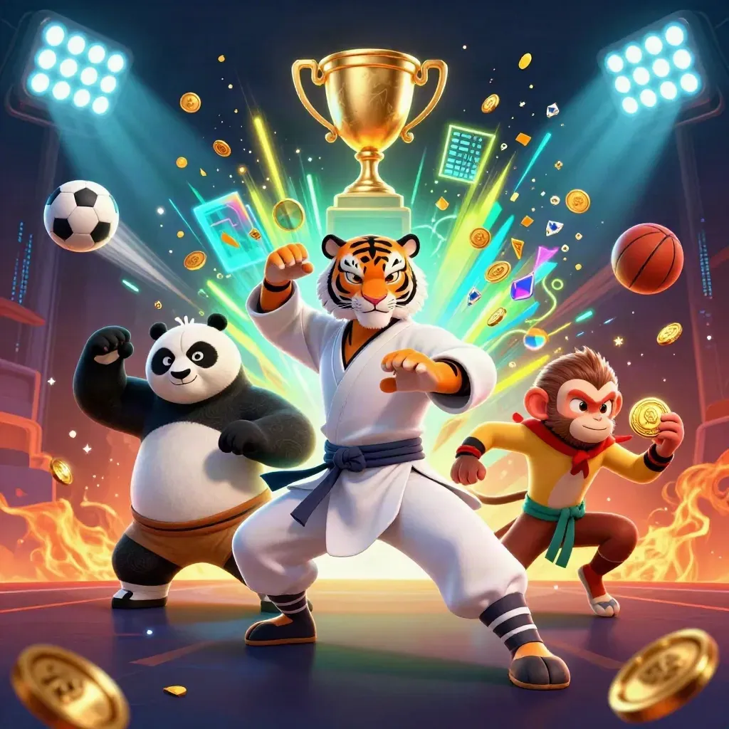 Kung-fu tiger, panda, and monkey amid flying balls, trophy, coins, and cyan energy.