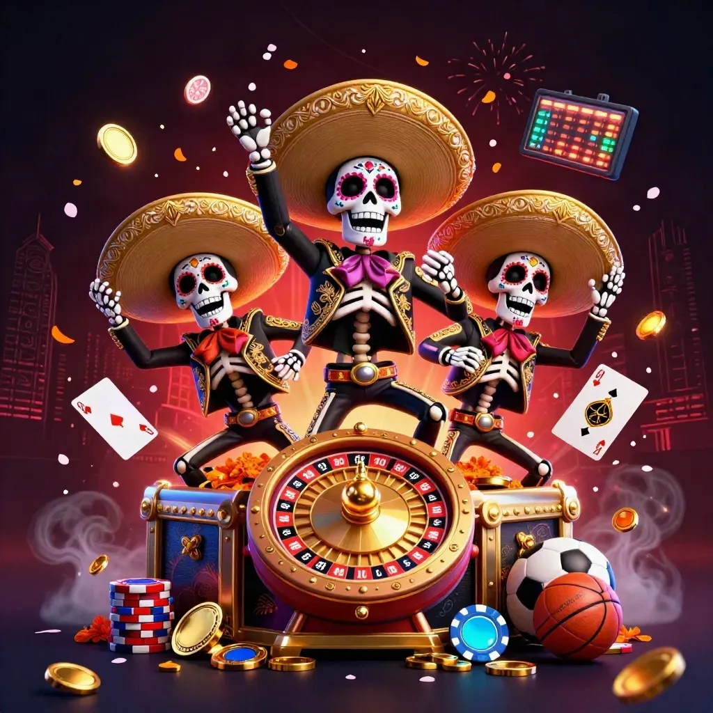 Skeleton mariachi trio bursting from a treasure vault amid coins, cards, chips, and neon casino lights.