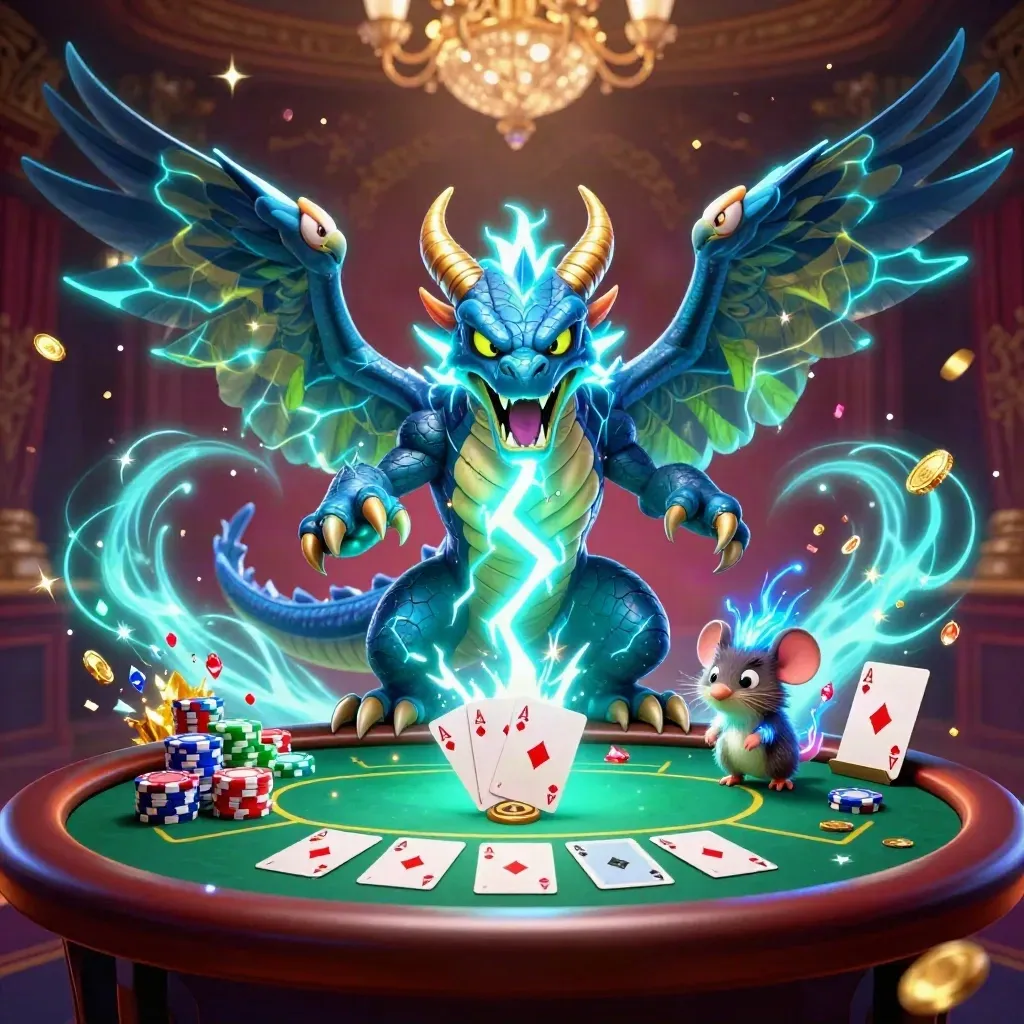 Thunder dragon, hawk, and mouse amid poker chips, cards, and cyan lightning on a damask casino backdrop