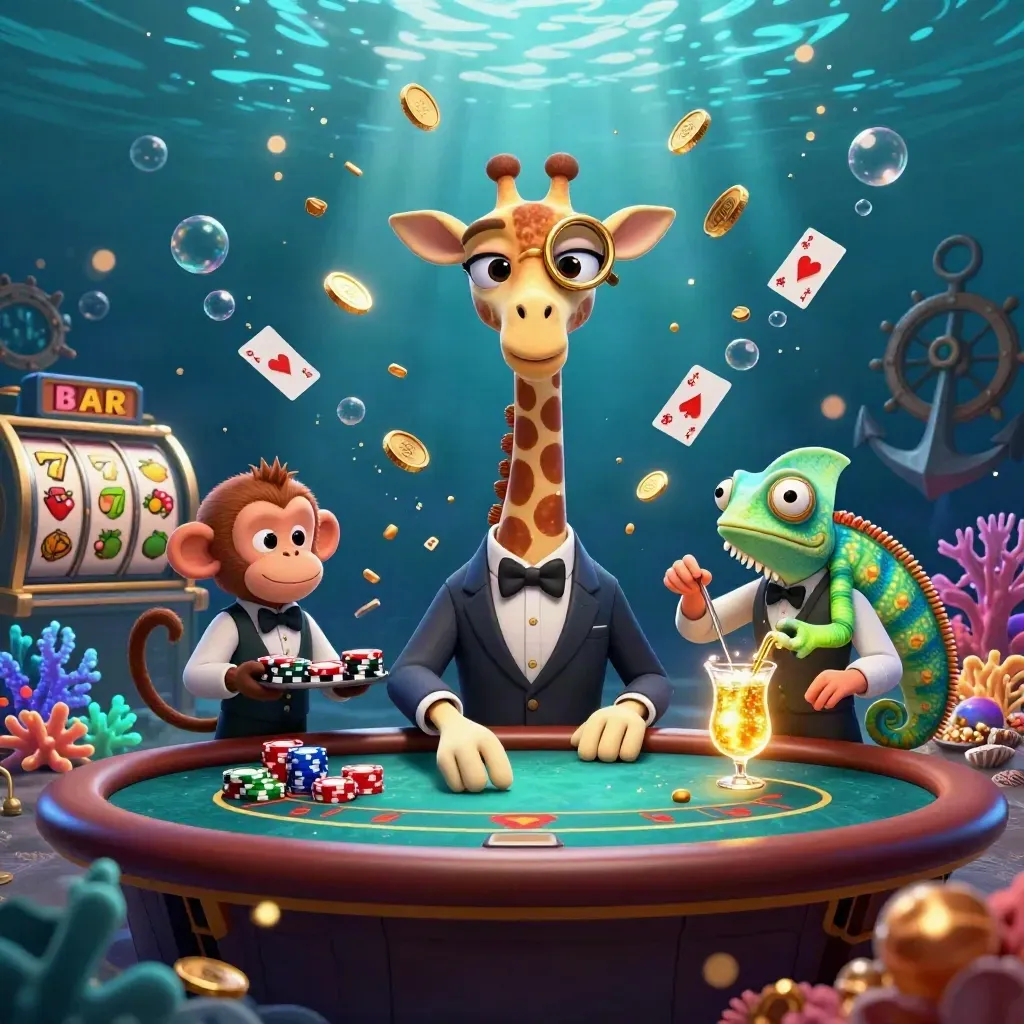 Giraffe high roller, monkey valet, and chameleon bartender in a glowing underwater treasure cove with coins and cards