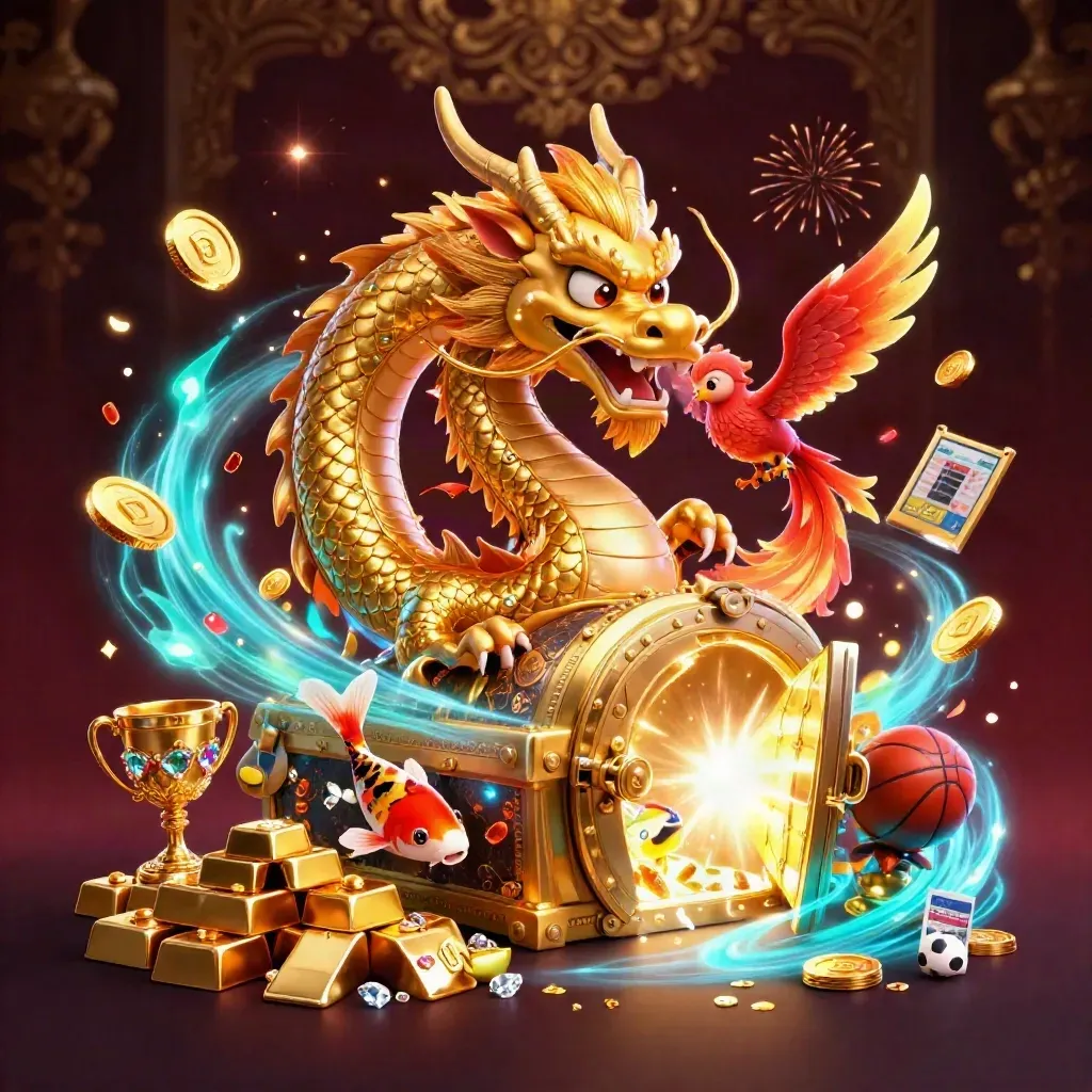 Golden dragon, phoenix and koi bursting from a treasure vault with coins, gems and fireworks.