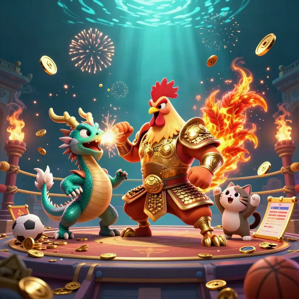 Rooster warrior, dragon hatchling and fortune cat amid coins, fireworks and esports casino energy