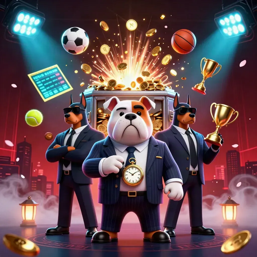 Bulldog boss and Doberman guards amid coins, trophy, balls, and neon casino effects