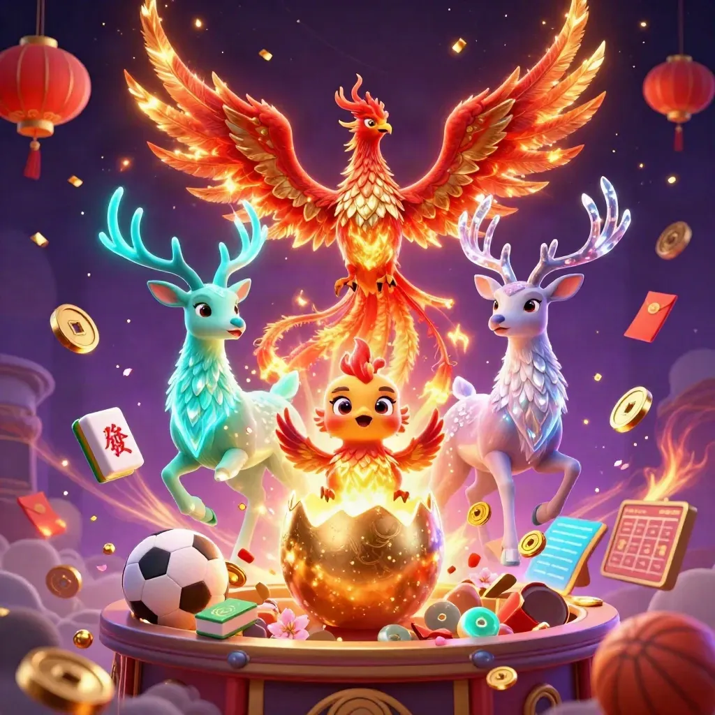 Phoenixes and a crystalline stag amid gold coins, fireworks, lanterns, and esports betting props.
