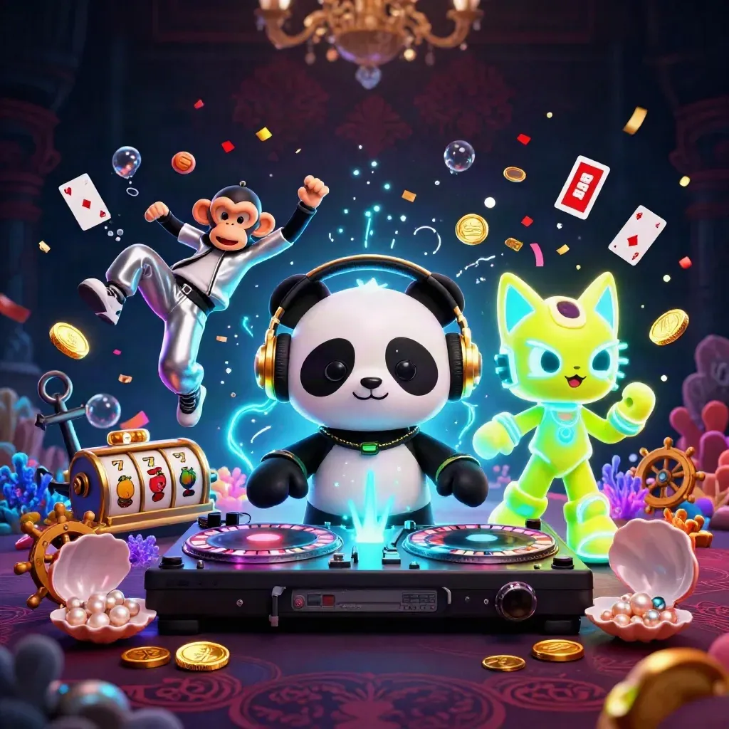 DJ panda, breakdancing monkey, and glow kitten amid casino treasure, coral, reels, and fireworks