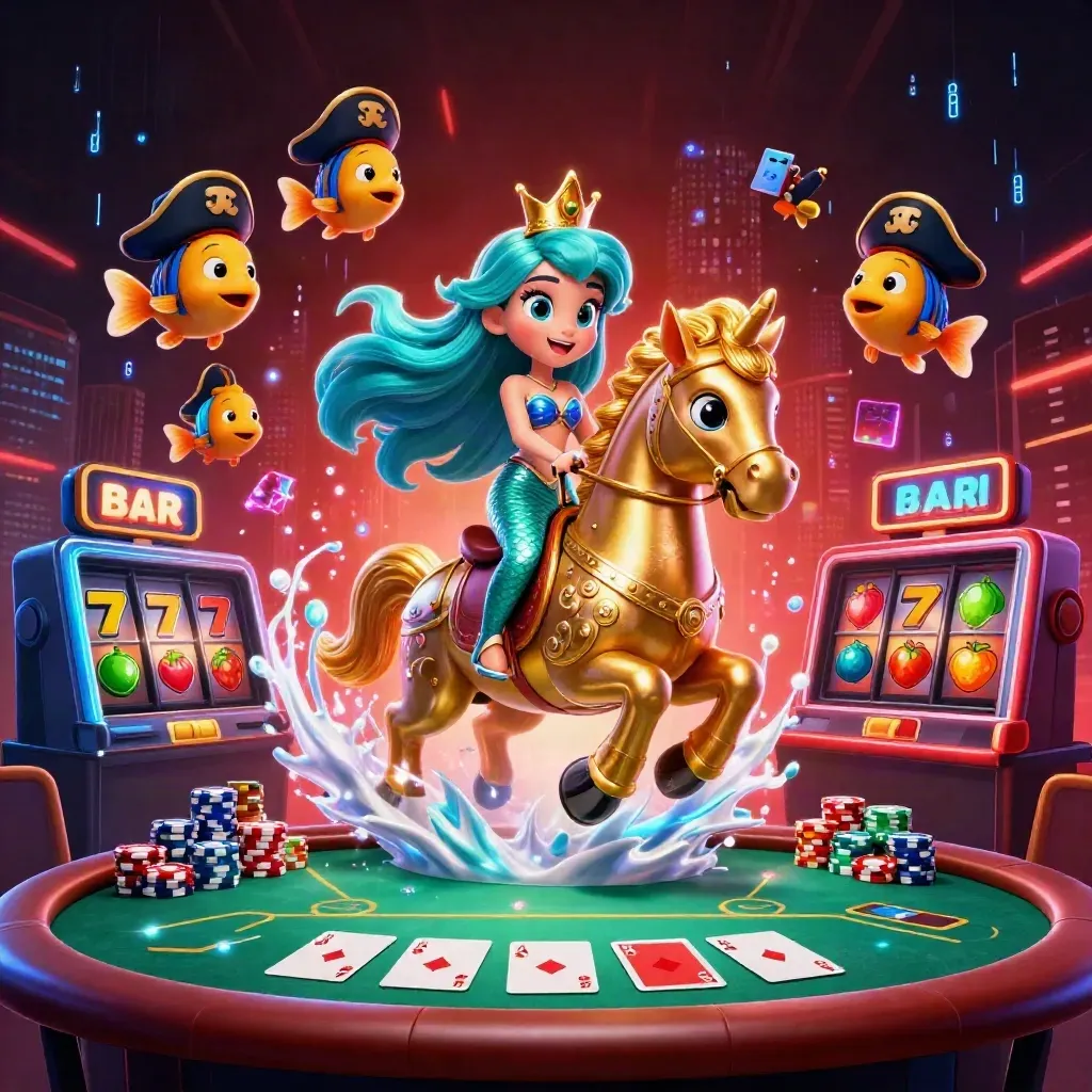 Mermaid princess riding armored seahorse amid casino cards, chips, reels, and neon energy.