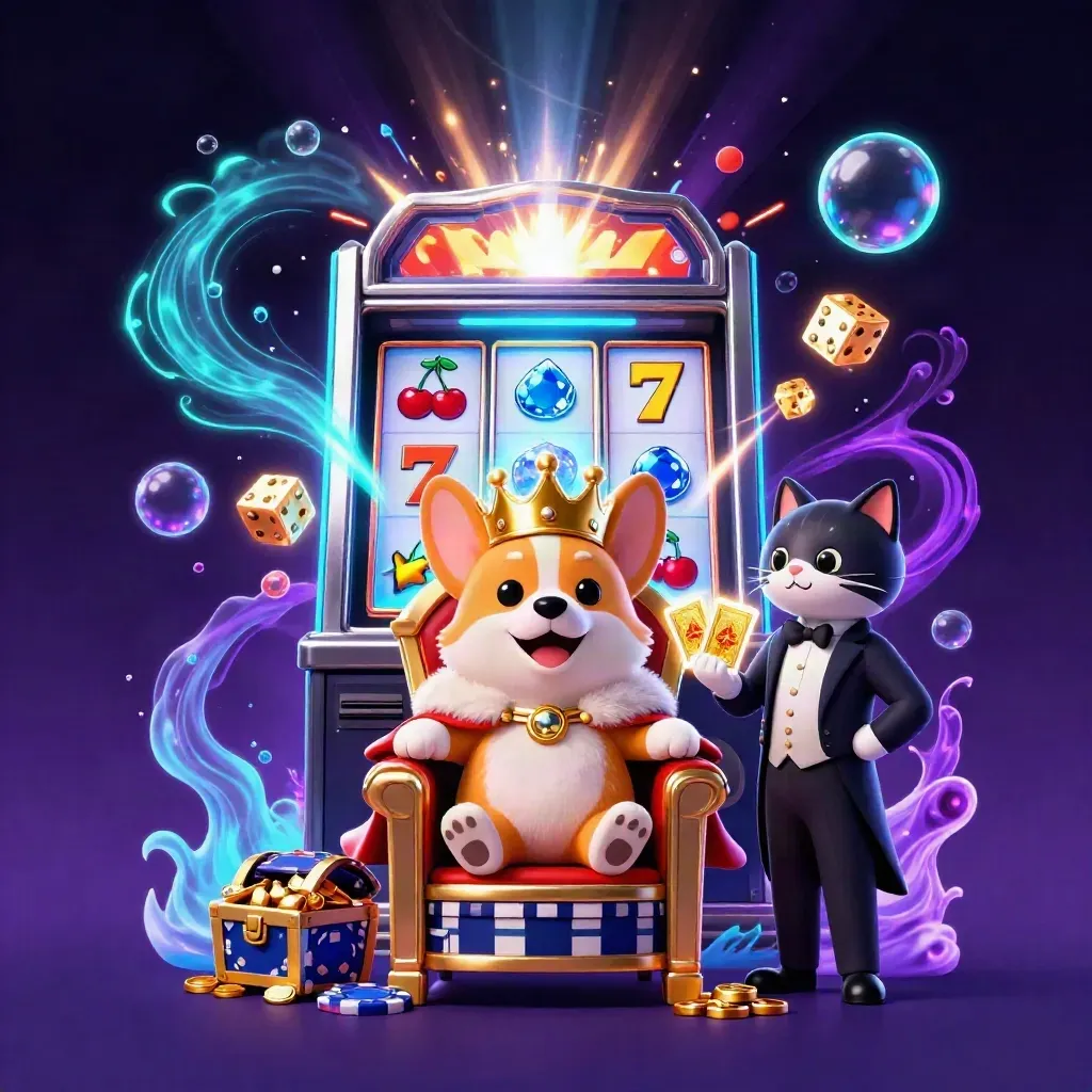 Royal corgi on poker-chip throne with cat butler, slot machine bursts and glowing casino magic.
