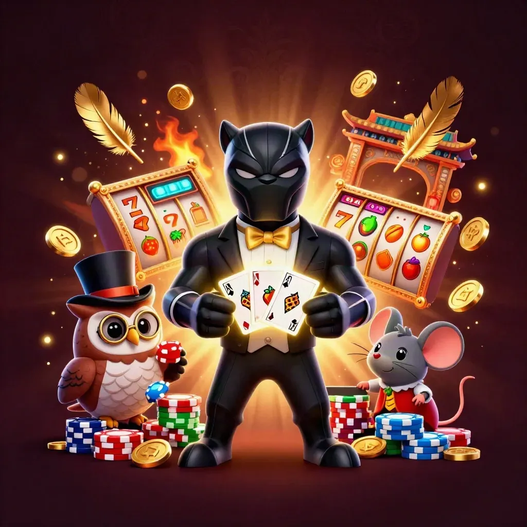 Black panther, owl, and mouse casino heroes amid chips, reels, coins, and a temple gate