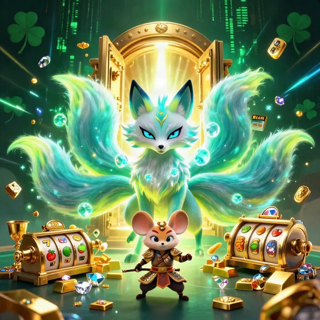 Fox spirit and samurai mouse before a glowing vault, with coins, gems, reels and electric energy.