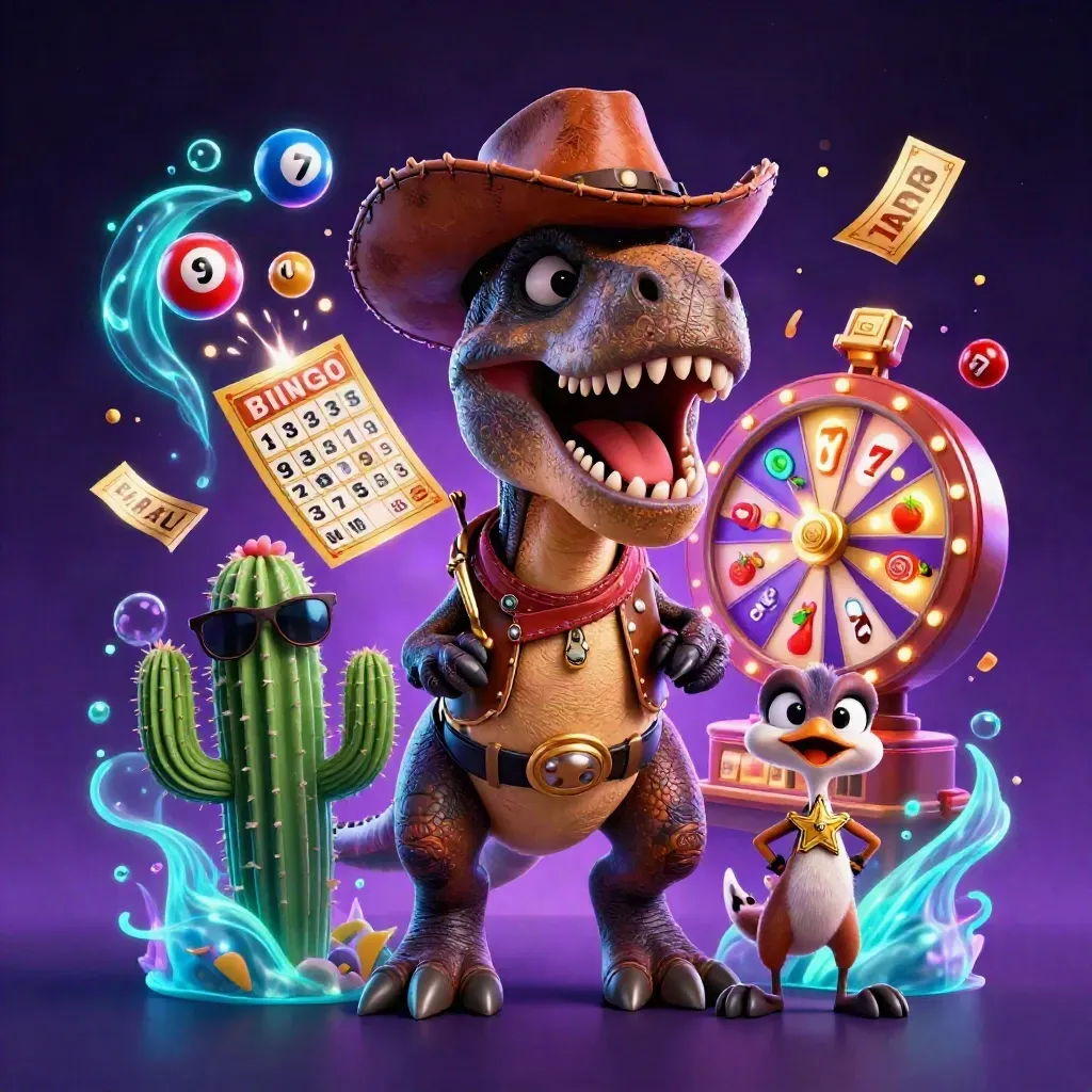 Cowboy T-Rex, cactus sidekick and sheriff roadrunner amid casino reels and glowing effects