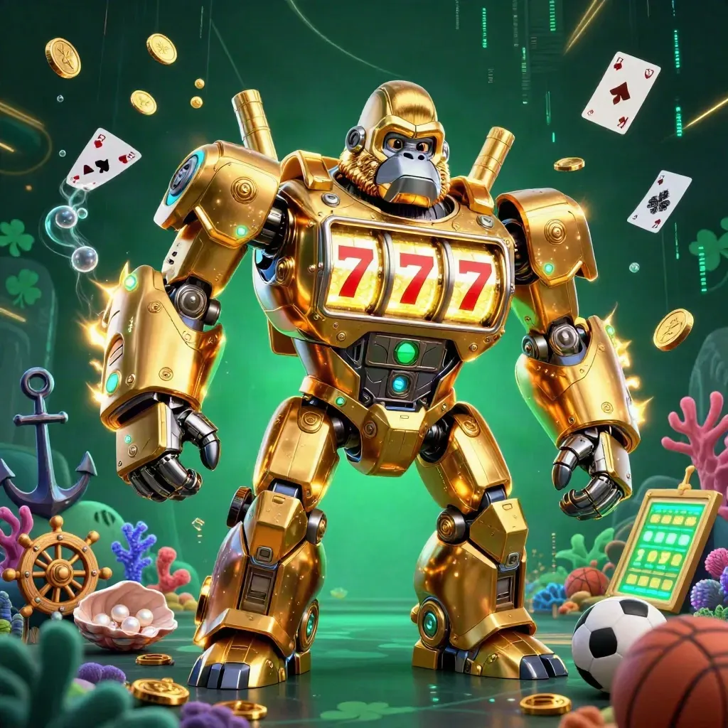 Golden gorilla mech with monkey pilot amid treasure cove, coins, cards, and neon esports glow.