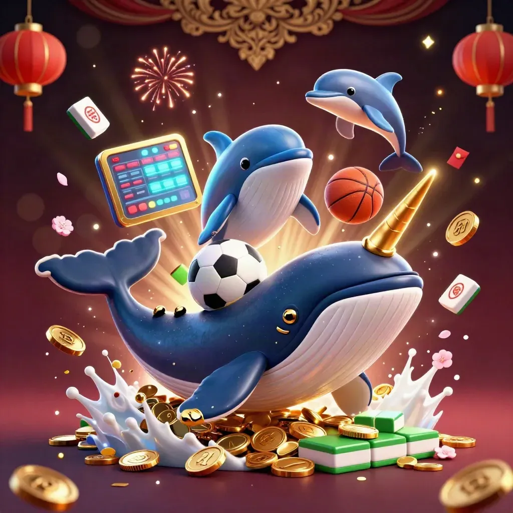 Whale captain, narwhal, and dolphins amid casino coins, lanterns, and neon esports props.