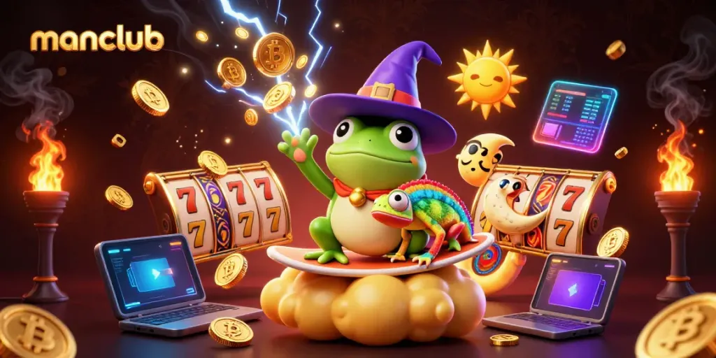 Win big at manclub with a vibrant scene of a wizard frog and chameleon amidst a storm of golden coins and slot reels.