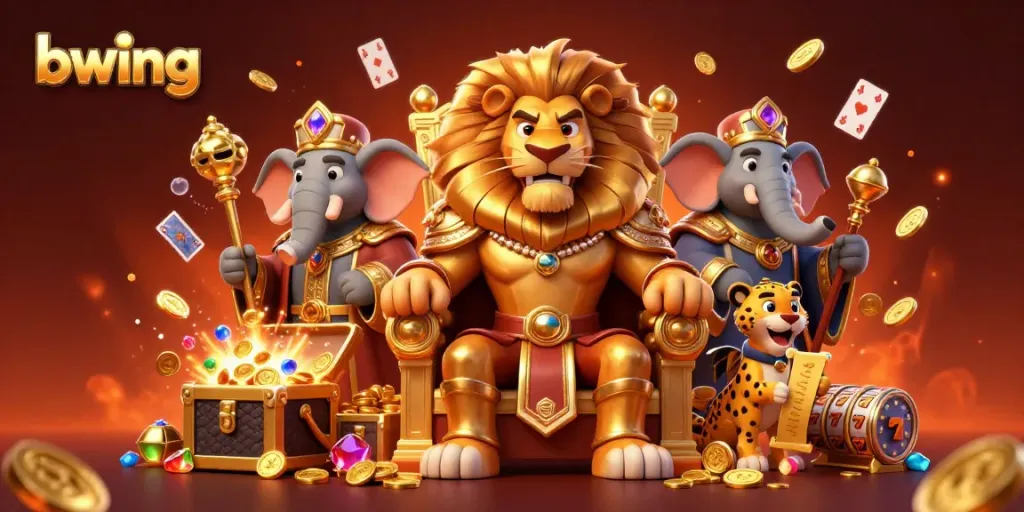 Experience dynamic gaming at bwing with a lion king and friends amidst gold coins and exciting slot reels.