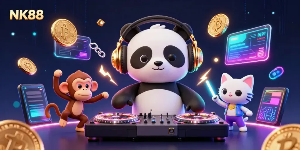 Engage with NK88's vibrant casino scene featuring a DJ panda and neon digital elements.