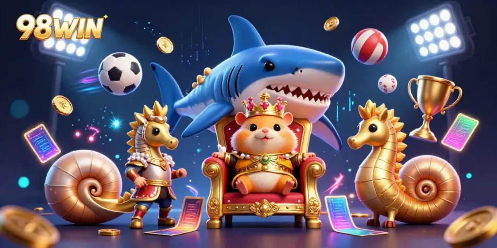 Join the fun at 98WIN with a dynamic scene featuring a golden hamster king among animated sports elements.