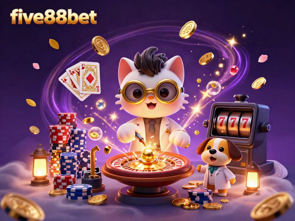 Experience the excitement of five88bet with a vivid illustration of a mad scientist cat and assistant creating wealth with gold coins and casino elements.