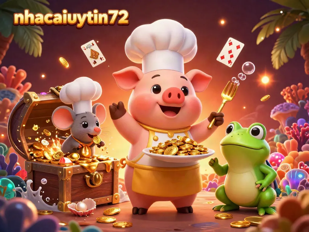 Experience the thrilling ambiance at nhacaiuytin72 with a whimsical casino scene of a chef pig serving gold coins amidst floating playing cards.