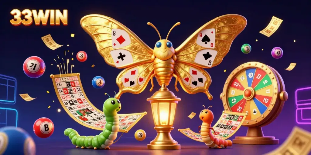 Engage with thrilling casino gameplay through 33WIN with a vibrant 3D illustration showcasing an atlas moth on a golden lantern, rich in detail and color.