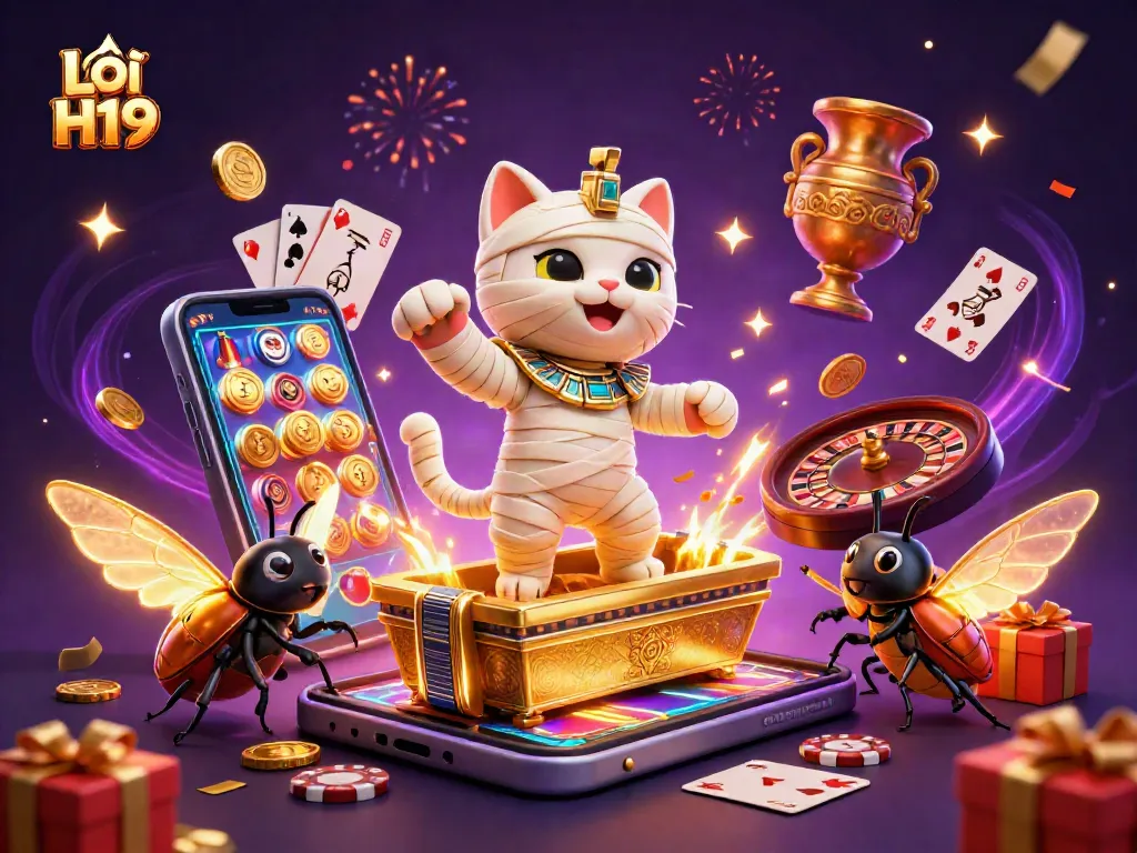 Play slots with Lỗi H19 as the Egyptian mummy cat and scarab beetle bring luck in the casino.