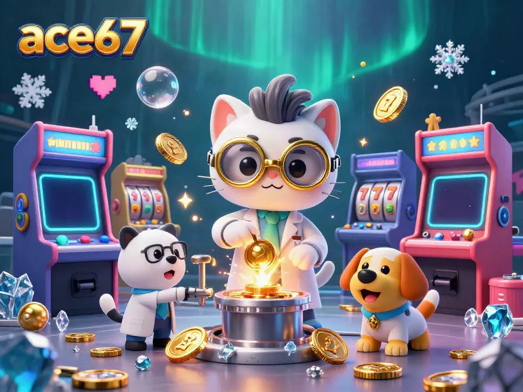 Experience ace67 with a cartoon scientist and dog amidst vibrant casino games in a dynamic illustration.
