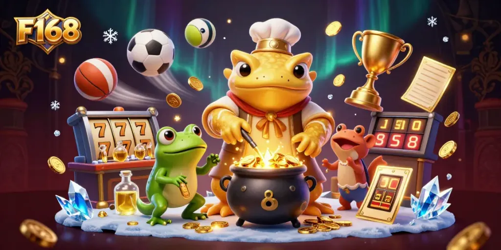 F168 alchemist transforms metals into gold coins with friends in a vibrant casino scene.