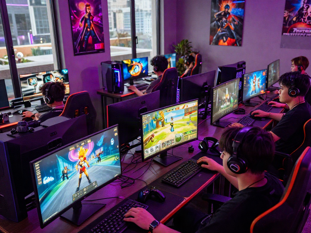 Gamers immersed in vibrant porn games in a colorful gaming lounge.