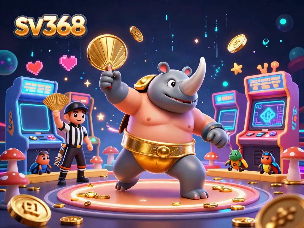 Experience thrilling gaming action at sv368 with a dynamic 3D scene featuring a beetle champion, flying coins, and arcade elements.