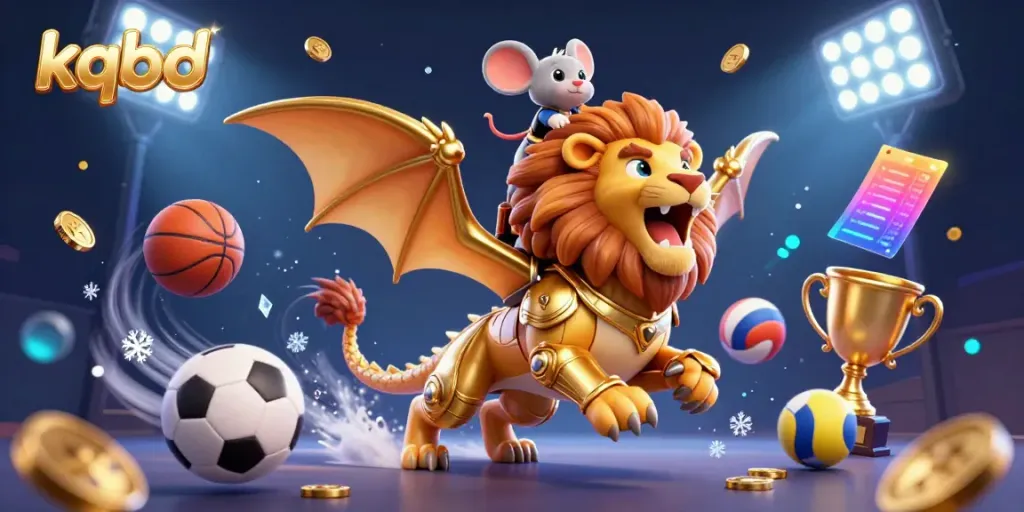 Engage with kqbd's thrilling sports betting scene featuring a golden chimera and dynamic sports elements.