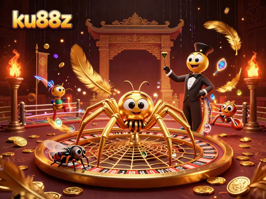 ku88z highlights an engaging roulette scene with a golden spider and a nervous fly betting.
