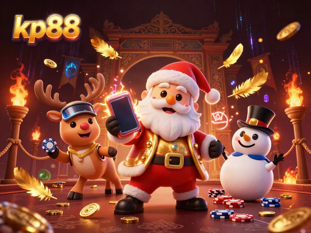 Engage with the vibrant kp88 casino experience showcasing Santa Claus, a reindeer dealer, and a poker chip snowman.