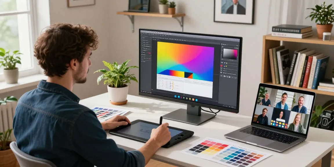 Innovative workspace featuring a designer using image to image technology for graphic projects.