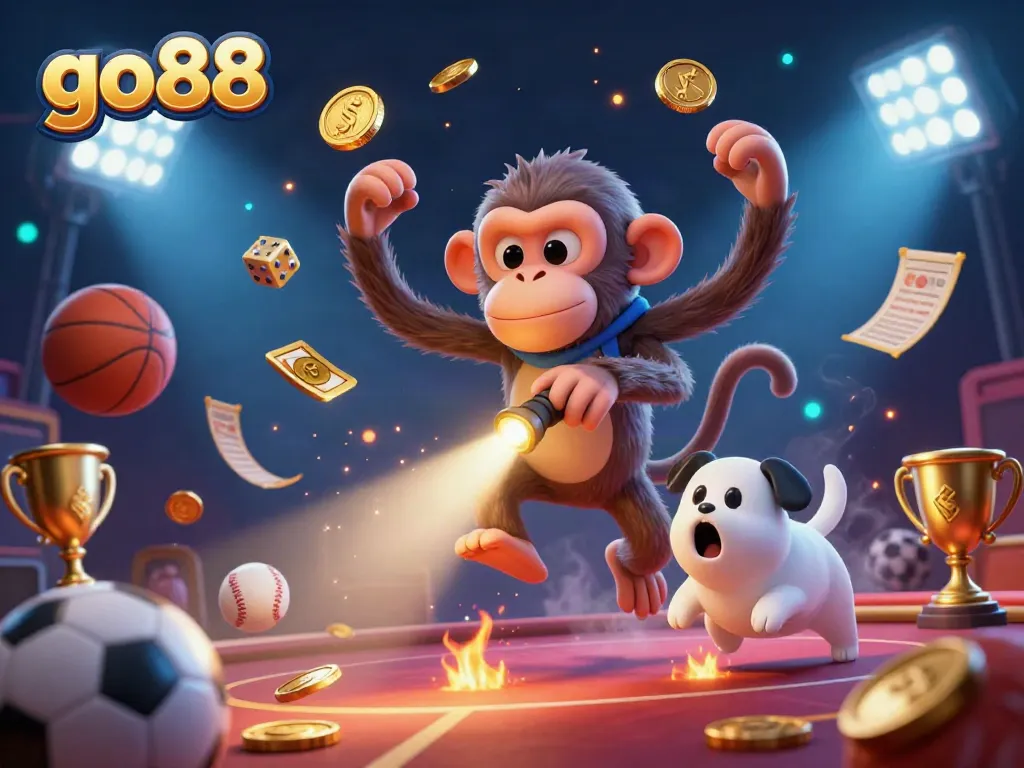 Experience the thrill of go88 with a lively casino scene featuring a mischievous monkey and a curious puppy amidst flying coins and sports elements.